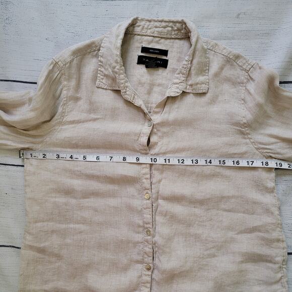Tahari Size S	100% Linen Light Tan Long Sleeve Crop Button Up Top Collared - Picture 5 of 8